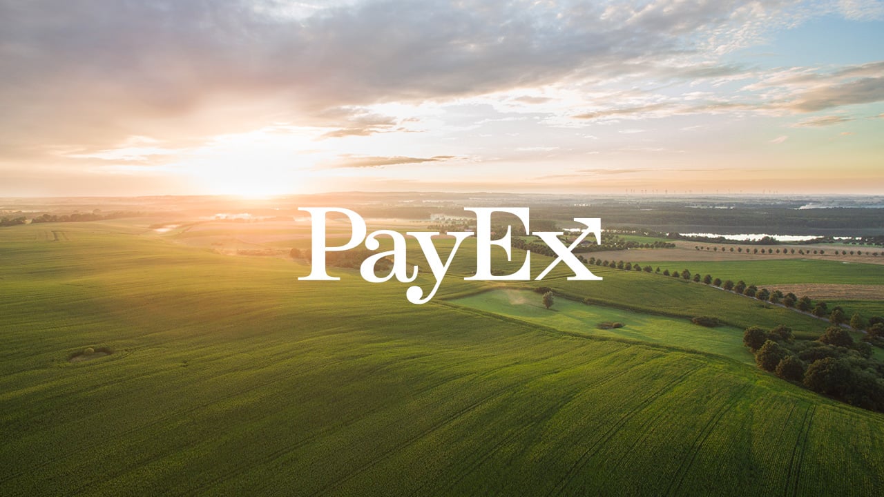 Solnedgång över grönt landskap i motljus med PayEx logotyp